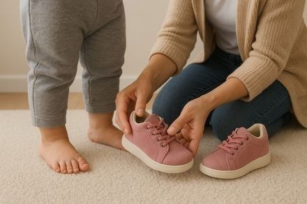 Vuxen hjälper ett barn att ta på rosa skor inför förskolan